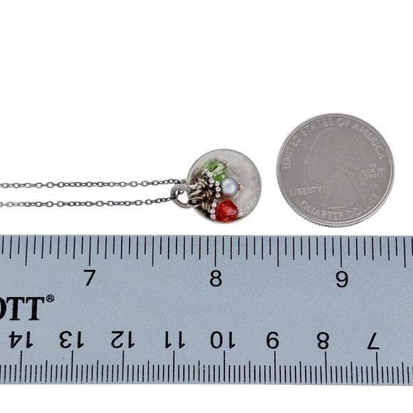 Paw Print Disk Red Green Crystal Pearl Necklace | Sterling Silver 925 | 15.5" - Picture 5 of 5